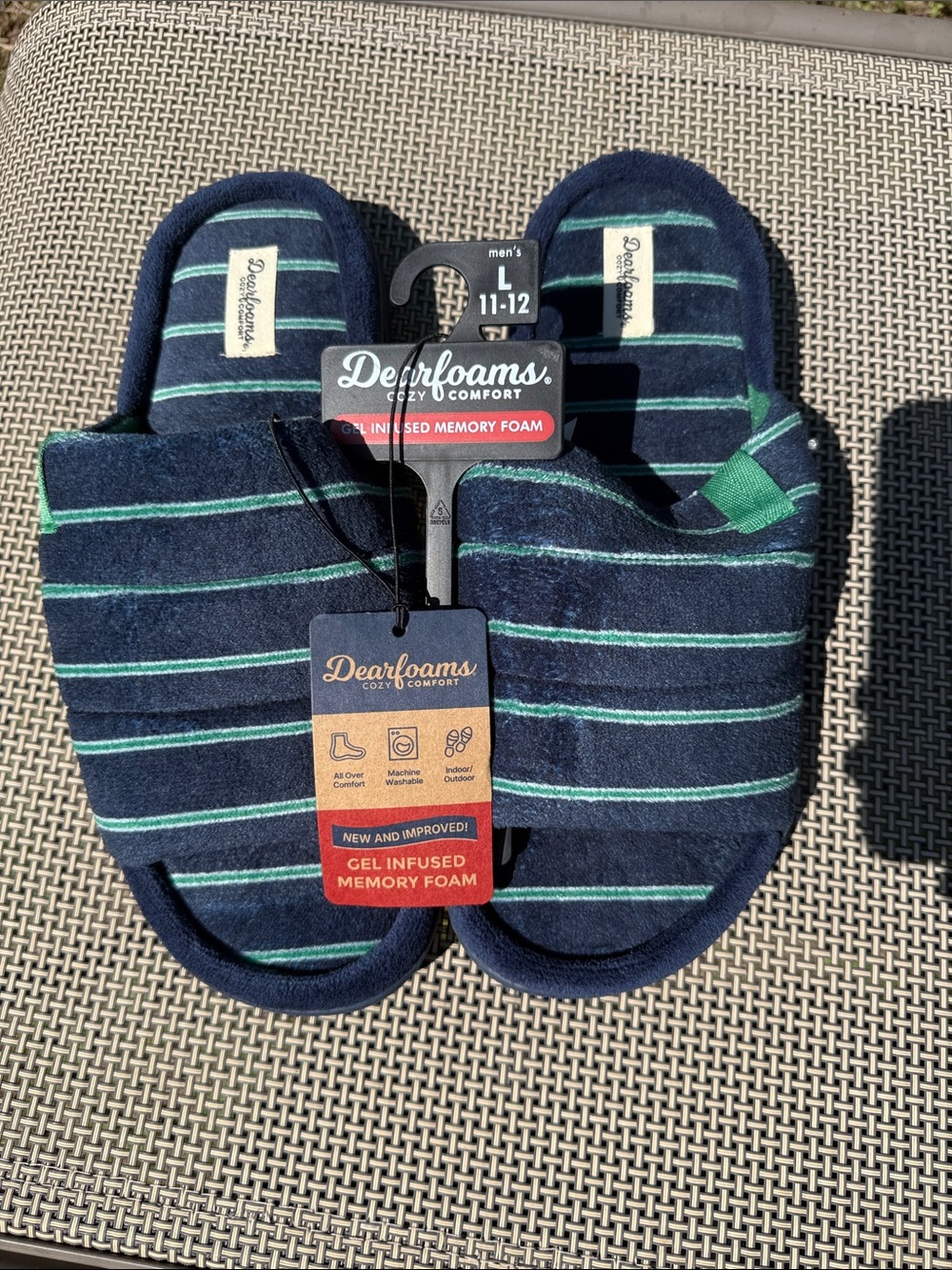dearfoams Navy Slippers with Green Stripes - Men's L 11-12